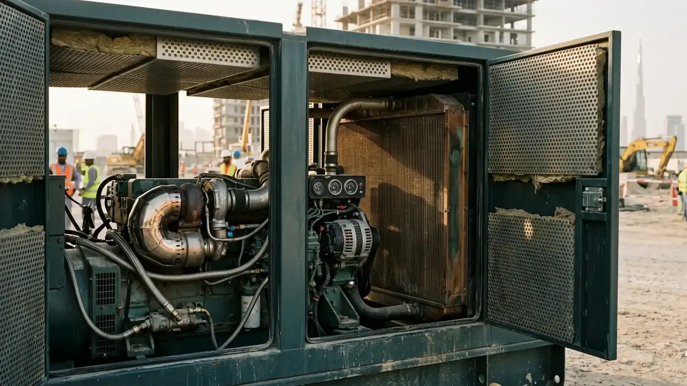 Super-silent soundproof diesel generator canopy open to reveal heavy-duty acoustic foam baffles and 55°C tropical radiator