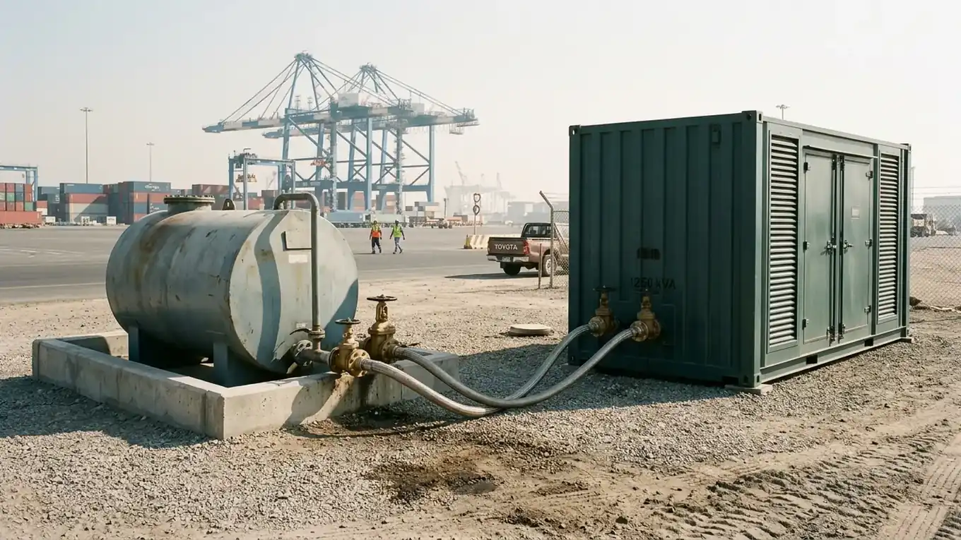 ADNOC and ENOC diesel fuel bowser refueling an external 110% double-walled bunded fuel tank connected to synchronized rental generators