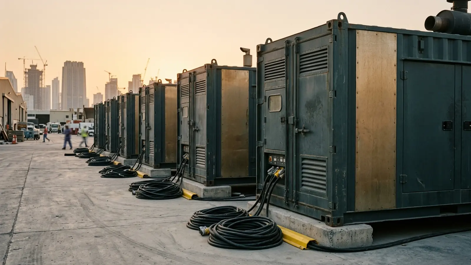 Containerized 500 kVA Perkins and 1000 kVA Cummins acoustic diesel generators staged in Al Quoz Dubai industrial yard with 400V Camlock distribution cables
